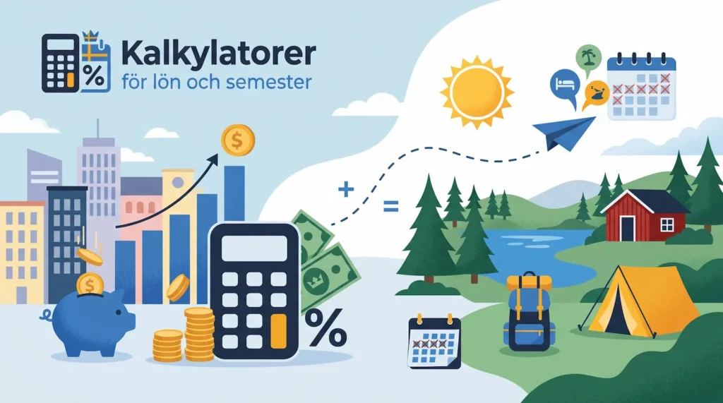 Illustration av lön, sparande, kalkylator och semester i svensk natur